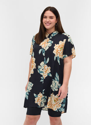 Printed viscose tunic with buttons, Roses on Navy, Model image number 0