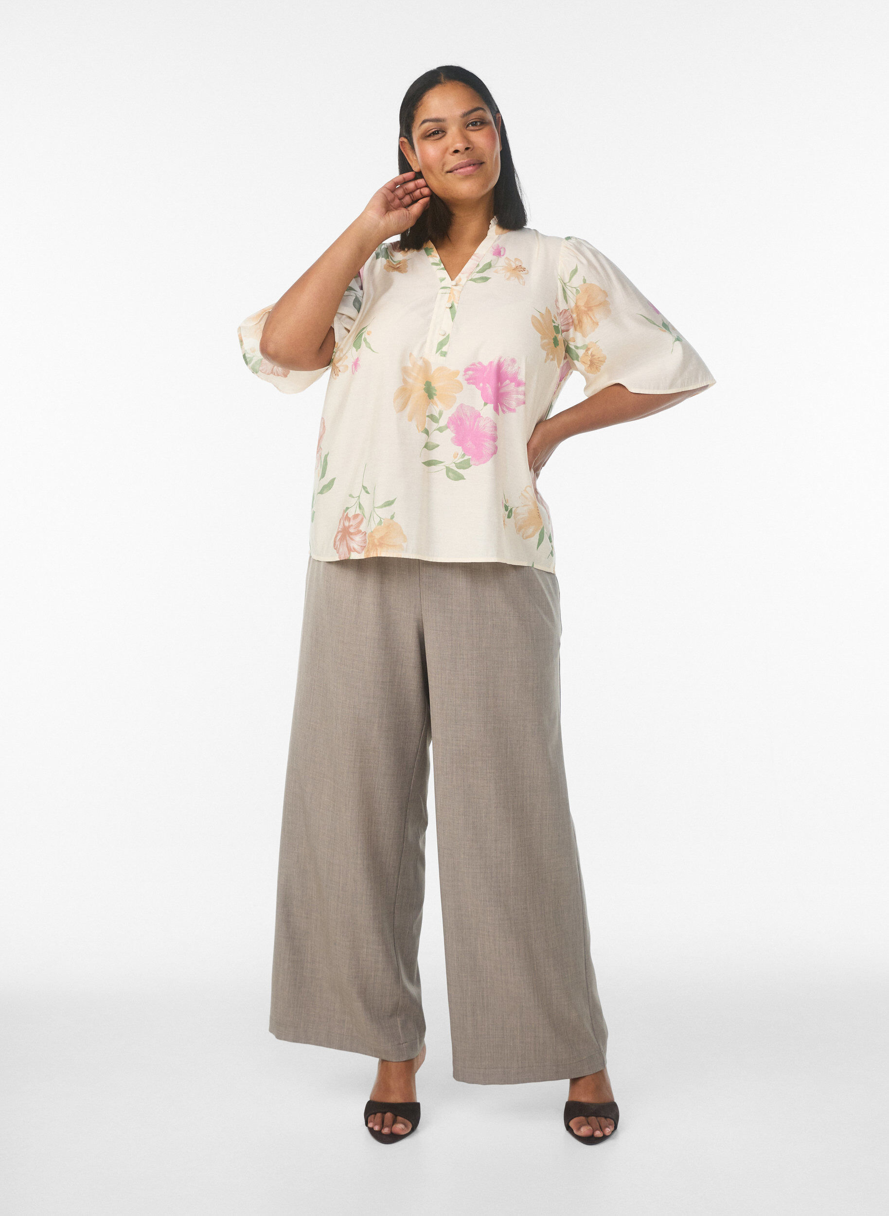 Zizzifashion High-waisted trousers with wide legs, Beige, Model image number 0