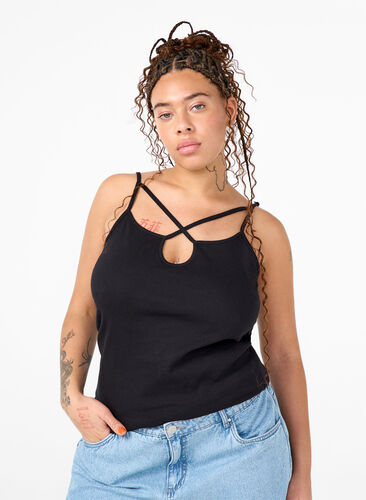 Organic cotton rib top with cross detail, Black, Model image number 0