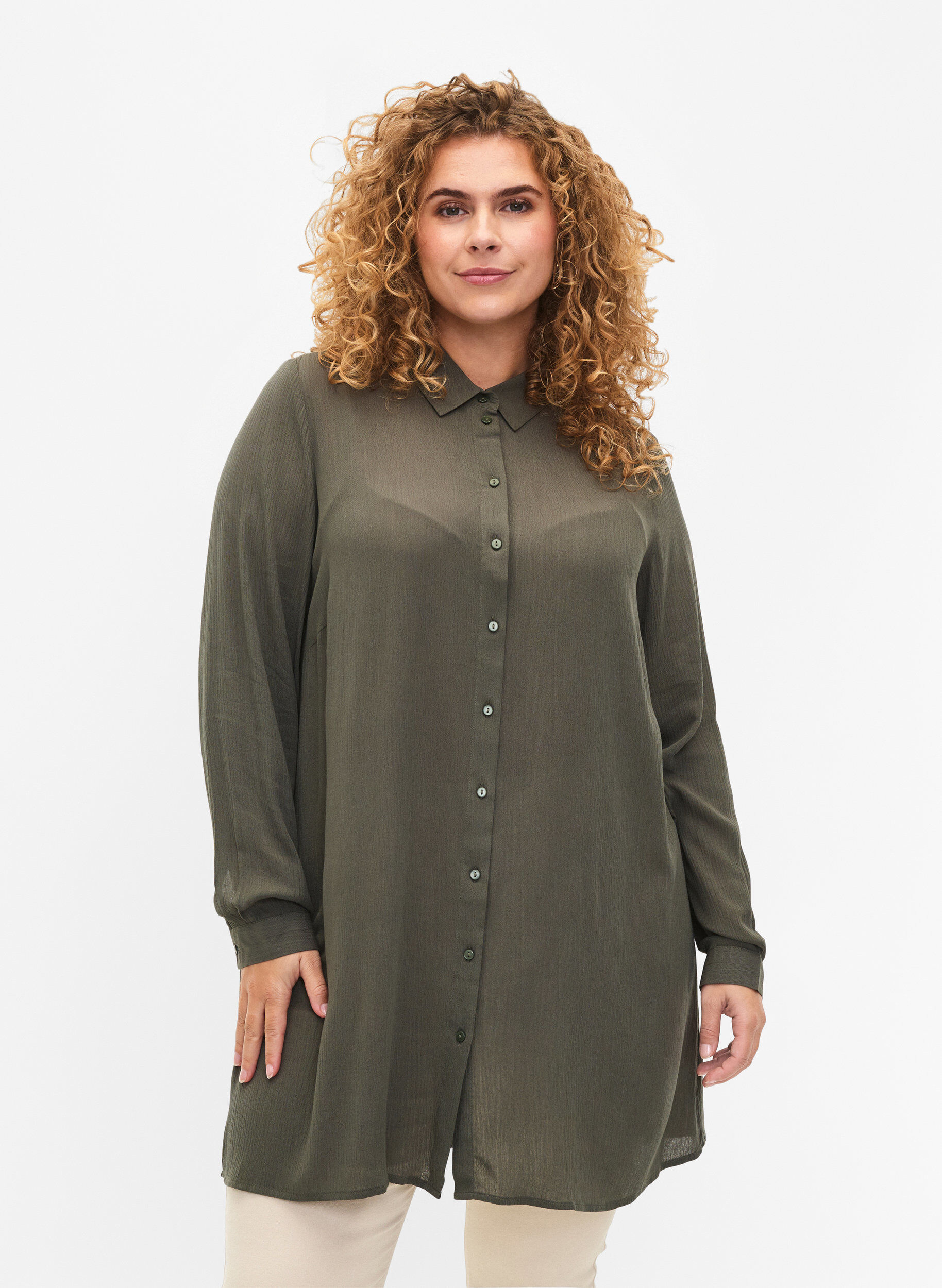 Zizzifashion Long viscose shirt with long sleeves, Green, Model image number 0