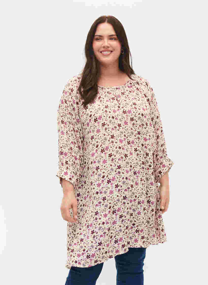 Floral tunic in viscose, White Flower, Model