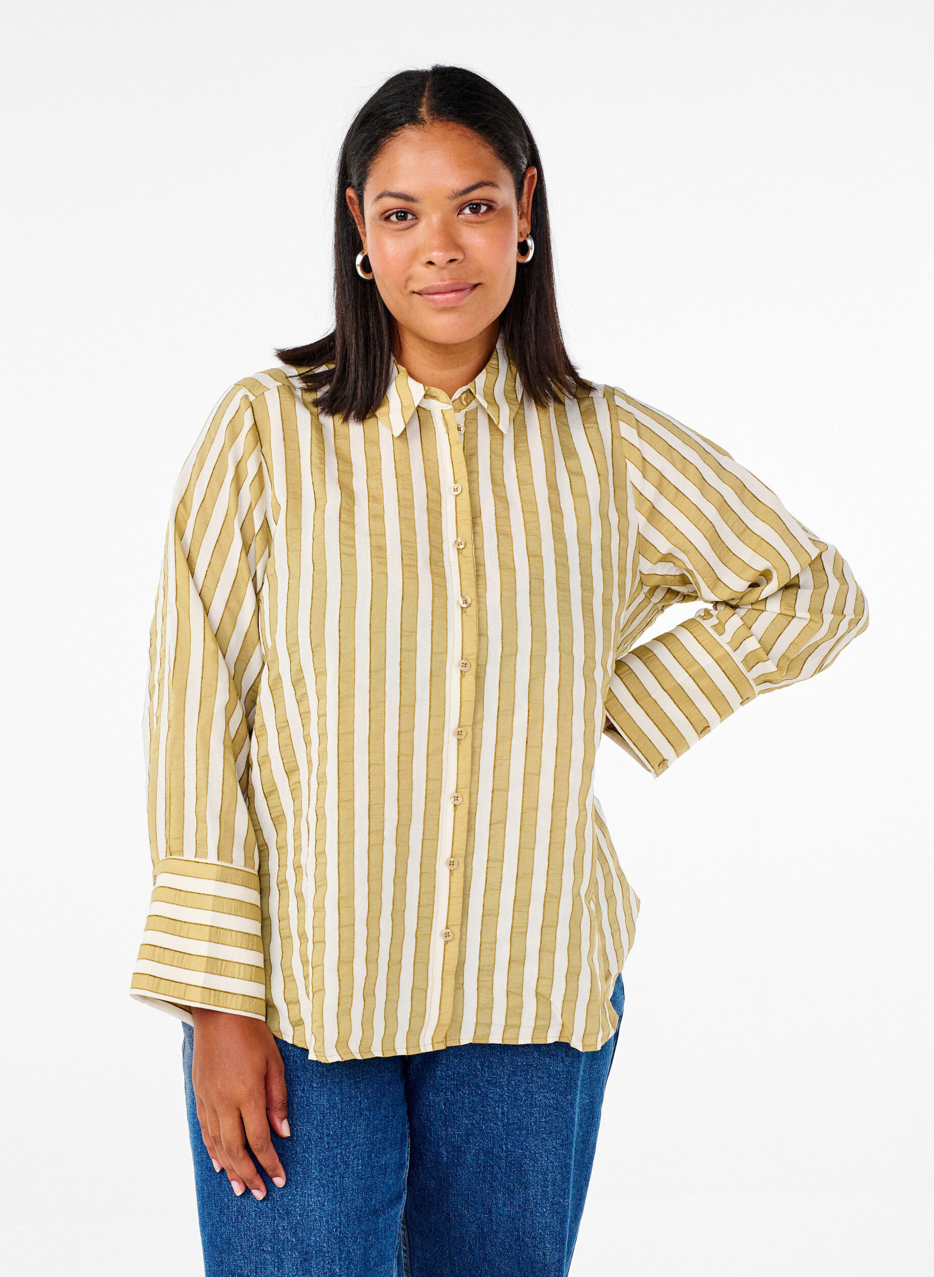 Zizzifashion Loose shirt with stripes, Green, Model image number 0
