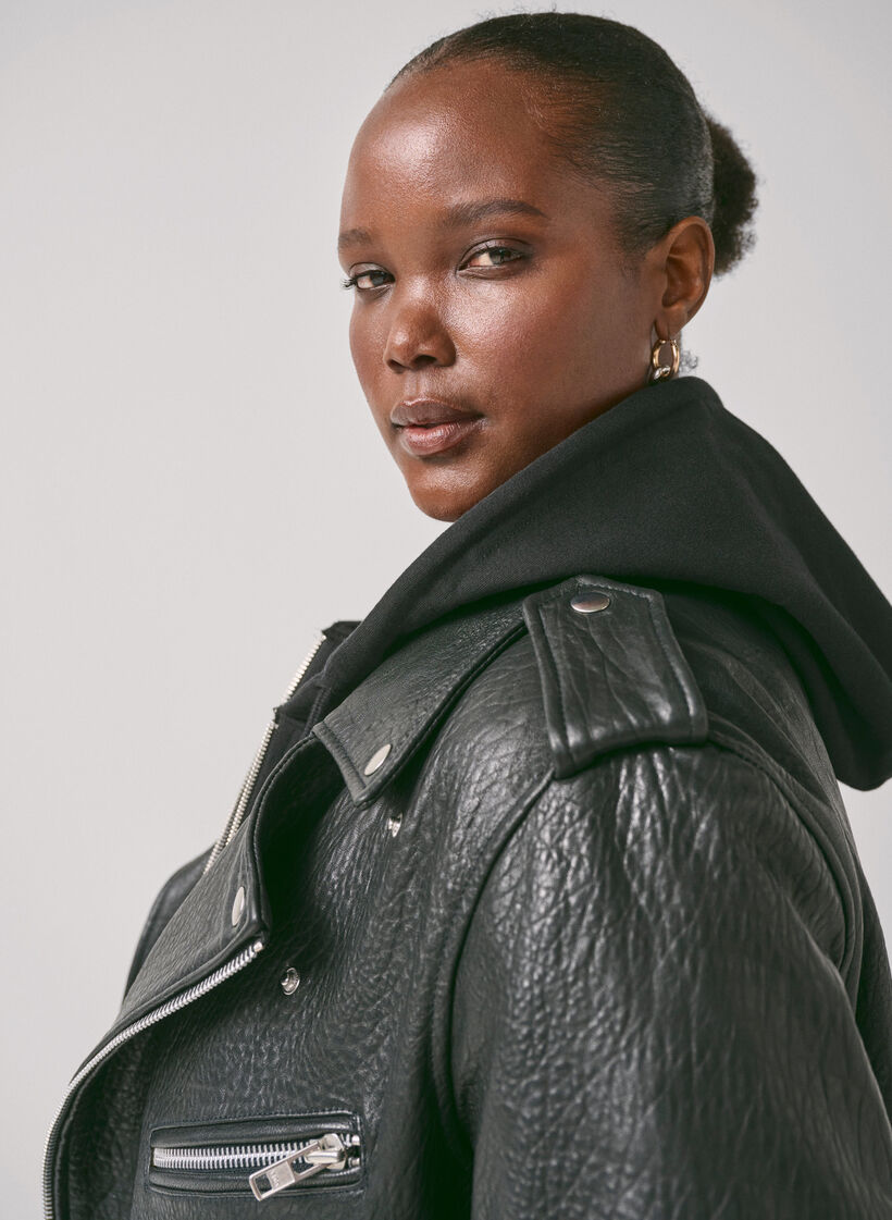 Leather biker jacket with pockets, Black, Image image number 0