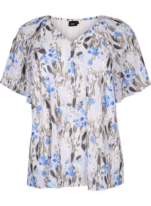 Floral party blouse with short sleeves, Blue Flower AOP, Packshot image number 0