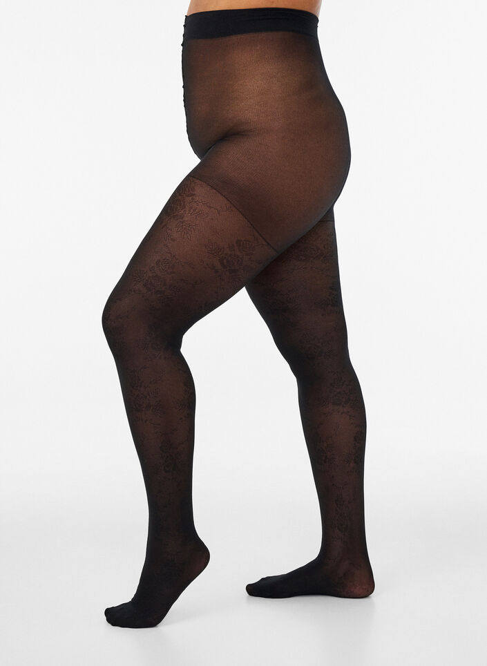 50 denier tights with a floral pattern, Black, Packshot image number 0