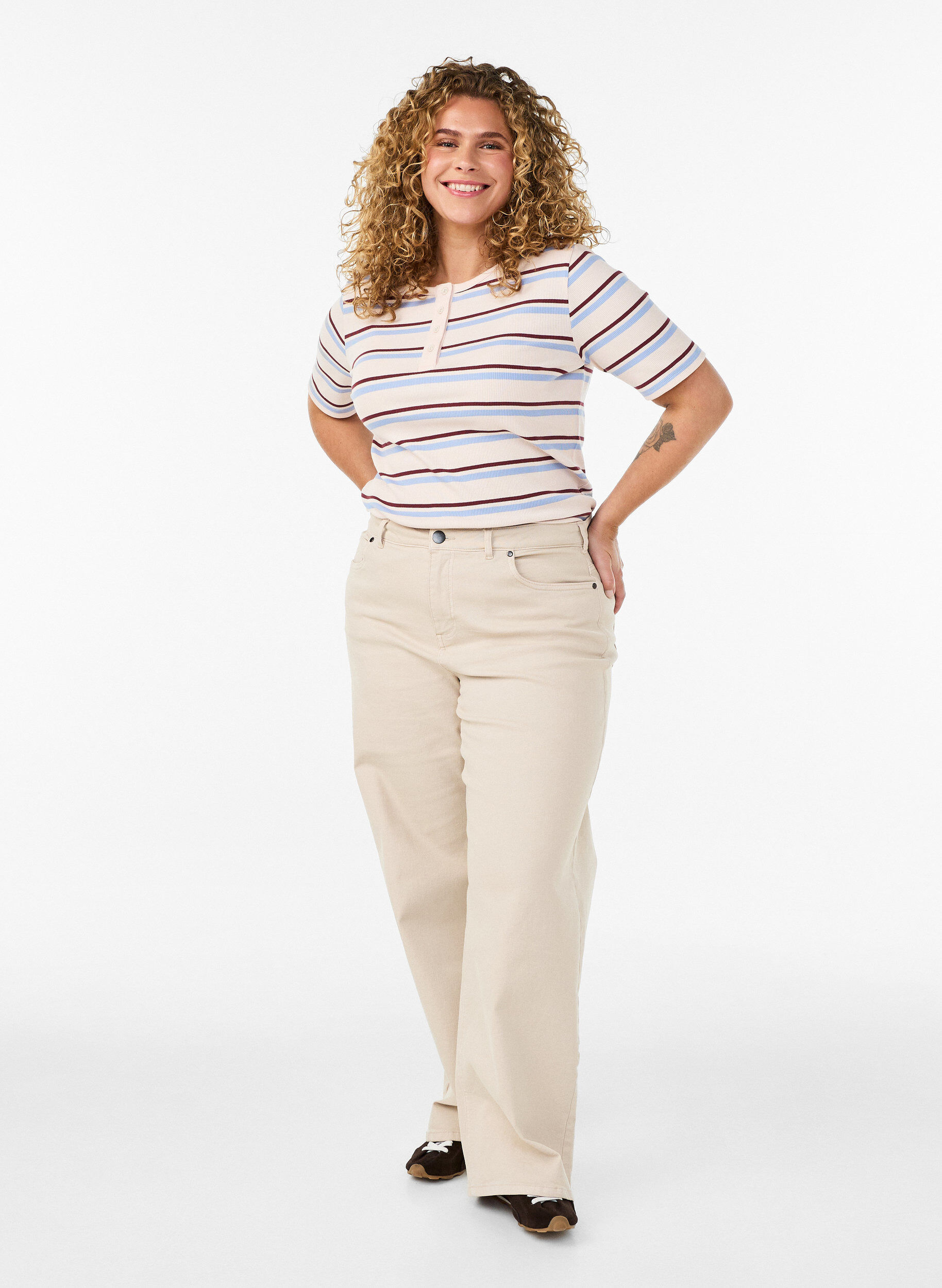ZizzifashionRib T-shirt with stripes and button detail, Purple, Model image number 1