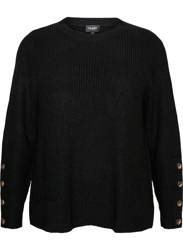 Knitted blouse with ribbed texture and button details, Black, Packshot image number 0