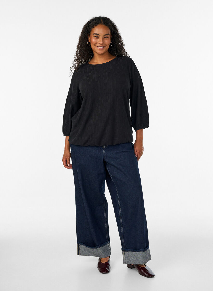 Blouse with texture and 3/4 sleeves, Black, Model image number 1