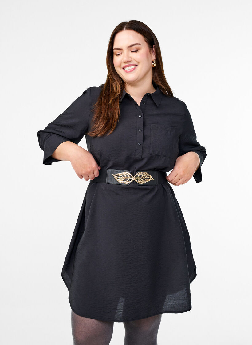 Elastic waist belt with gold-coloured leaf buckle, Black, Model image number 1