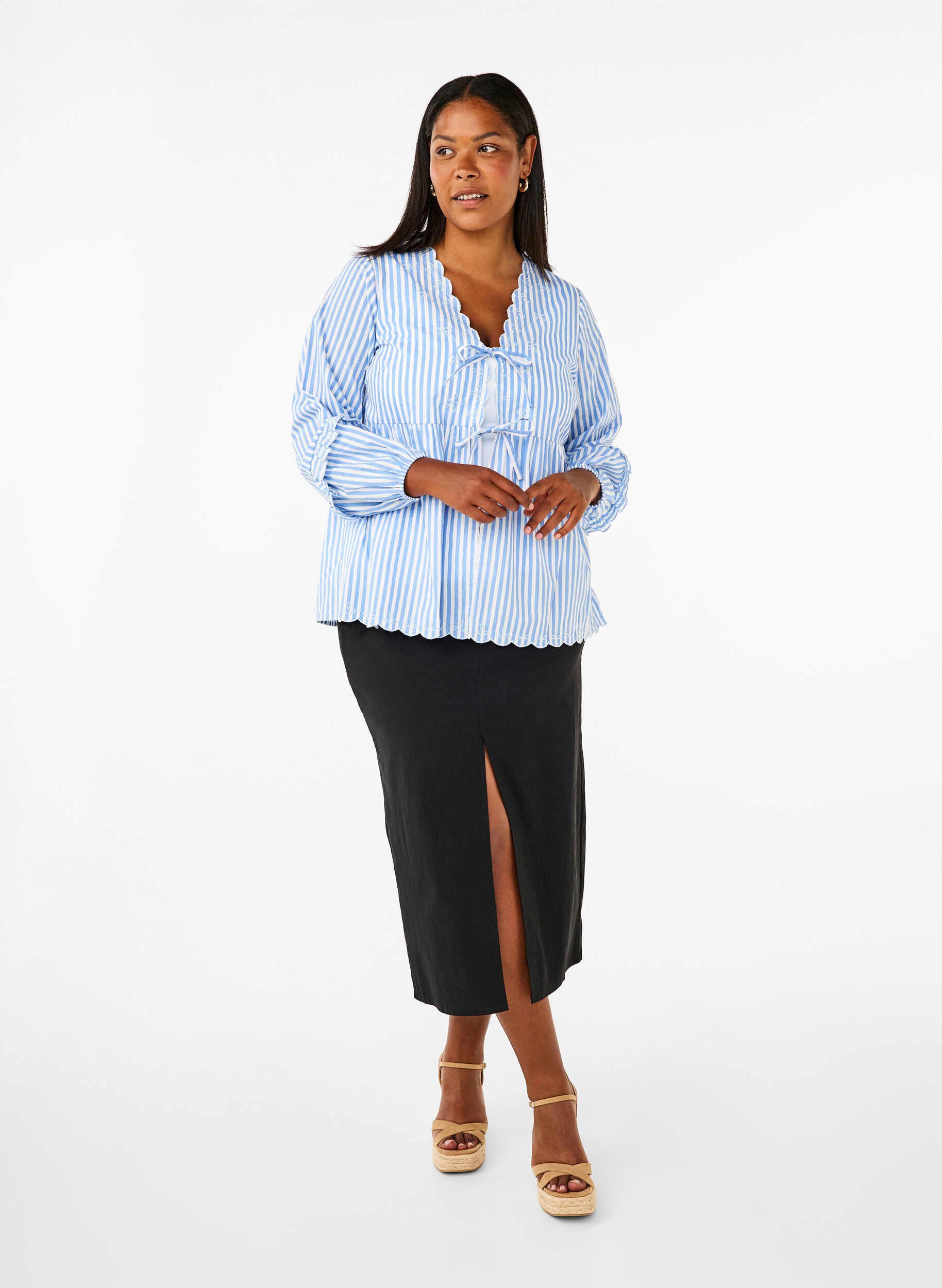 Zizzifashion Striped blouse with open front and embroidery details, Light Blue, Model image number 1