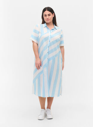 Short-sleeved cotton shirt dress with stripes, Blue Bell Stripe, Model image number 2