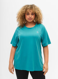 Short-sleeved training t-shirt with round neck, Green-Blue Slate, Model