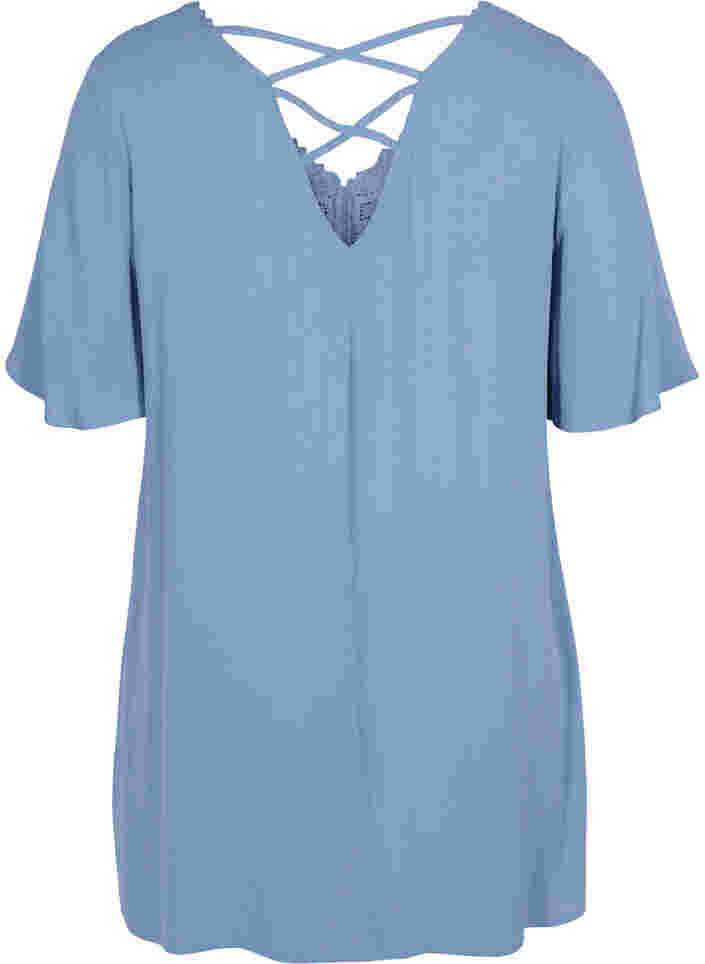 Short-sleeved viscose tunic with lace details, Coronet Blue, Packshot image number 1
