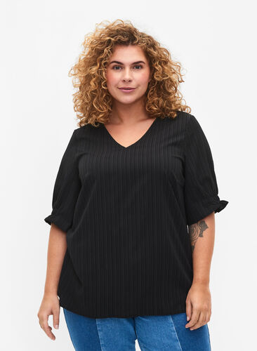 Striped blouse with short sleeves, Black, Model image number 0