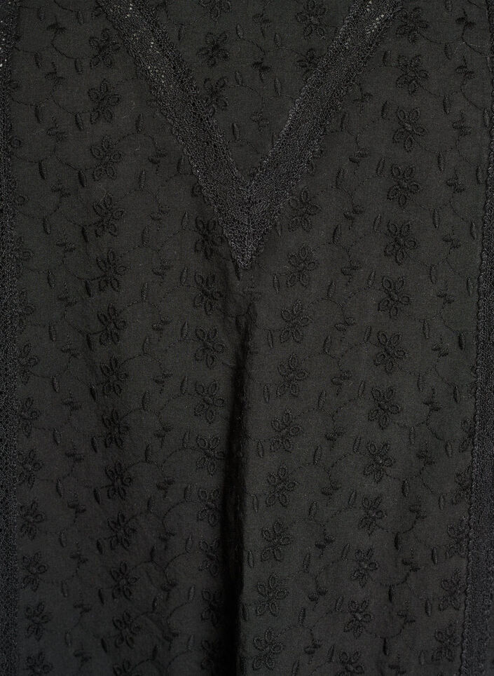 Knee-length cotton dress with embroidery and a V-neck, Black, Packshot image number 2