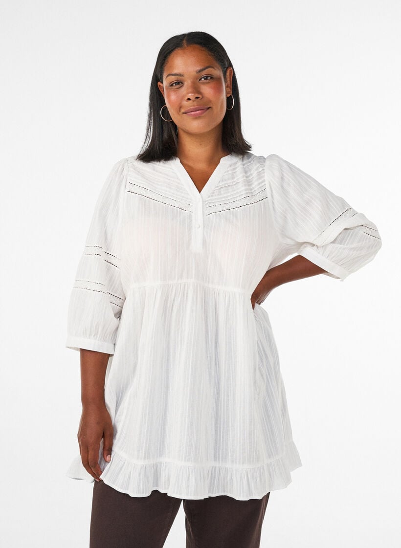 Tunic with eyelet embroidery details and 3/4 sleeves, Vanilla, Model image number 0