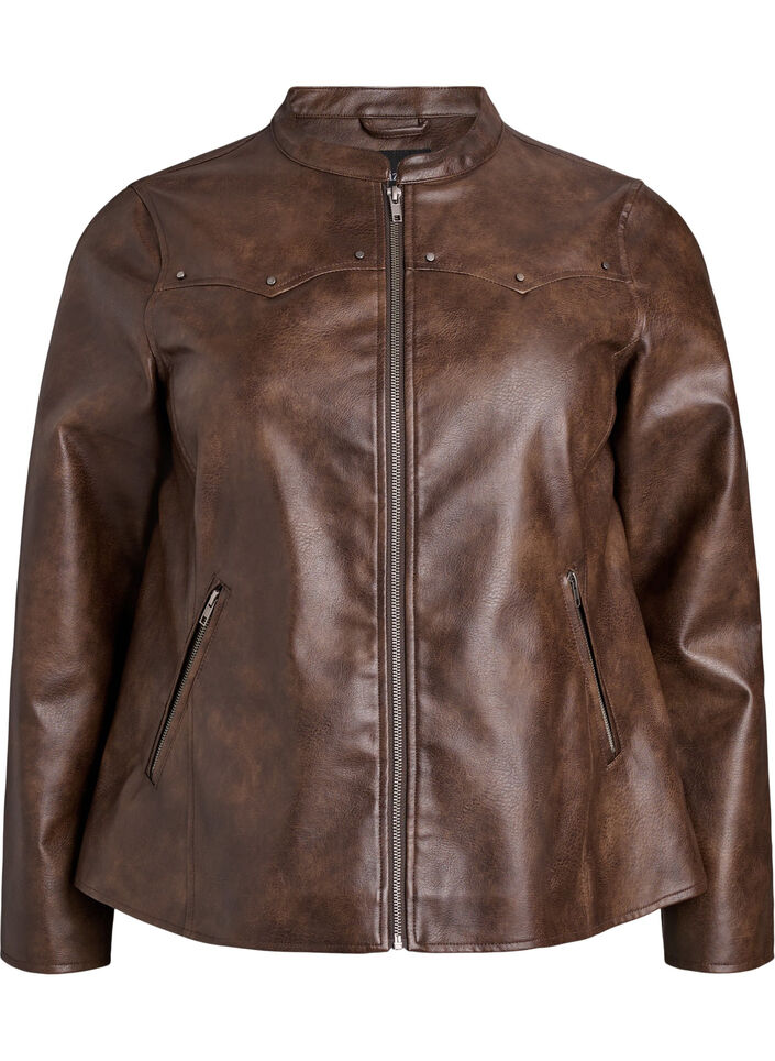 Faux leather jacket with studs and pockets, Brown, Packshot image number 0