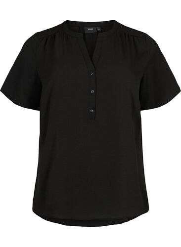 Blouse with short sleeves and v-neck, Black, Packshot image number 0