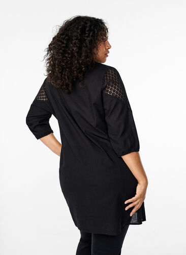 Dress in a cotton blend with linen and crochet detail, Black, Model image number 1