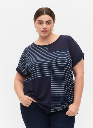 Short-sleeved viscose t-shirt with stripes, Night Sky Stripe, Model image number 0