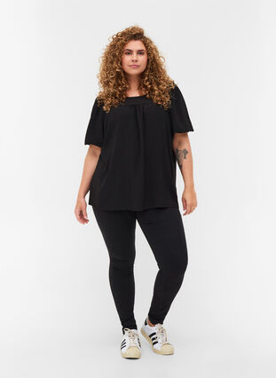 Blouse with short puff sleeves, Black, Model image number 2