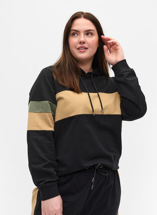 Sweatshirt with hood and track details, Black/Camel, Model image number 0