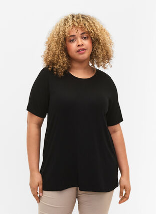 T-shirt in viscose with rib structure, Black, Model image number 0