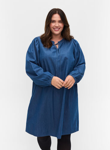 Cotton denim dress with tie-string, Blue denim, Model image number 0