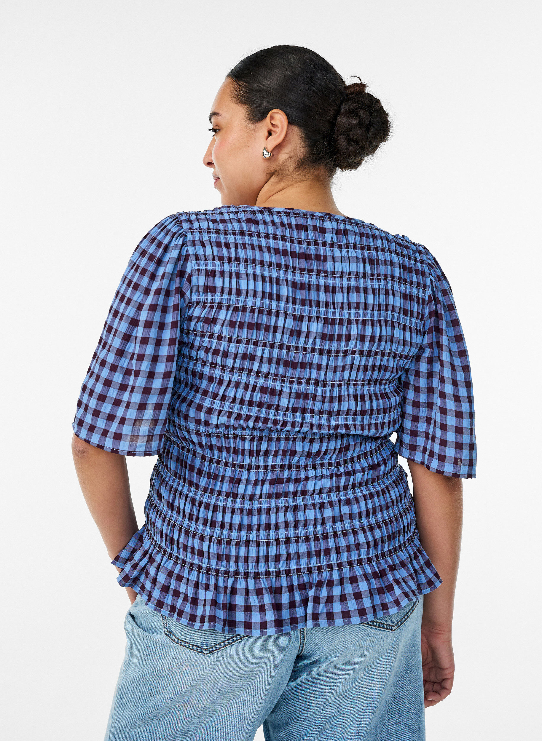 ZizzifashionSmock blouse with gingham check and ruffle hem, Blue, Model image number 2