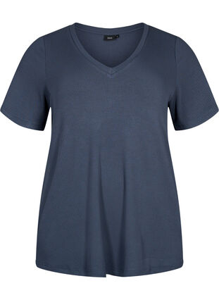 Ribbed viscose T-shirt with v-neck, Umbre Blue , Packshot image number 0