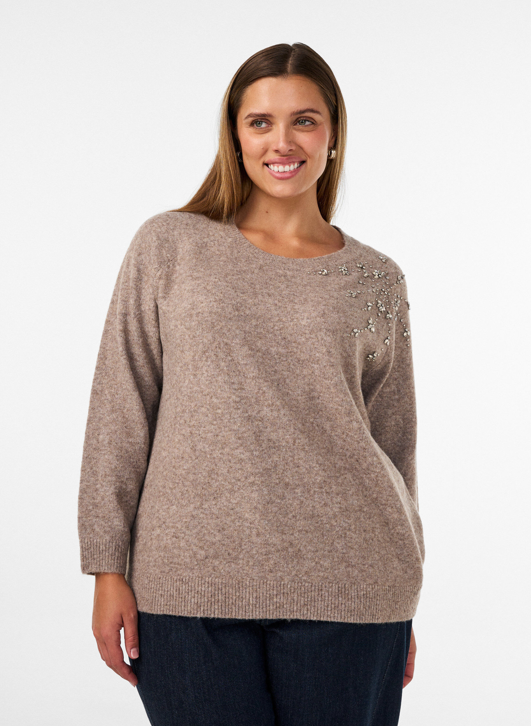 ZizzifashionKnitted blouse with rhinestones and studs, Beige, Model image number 0