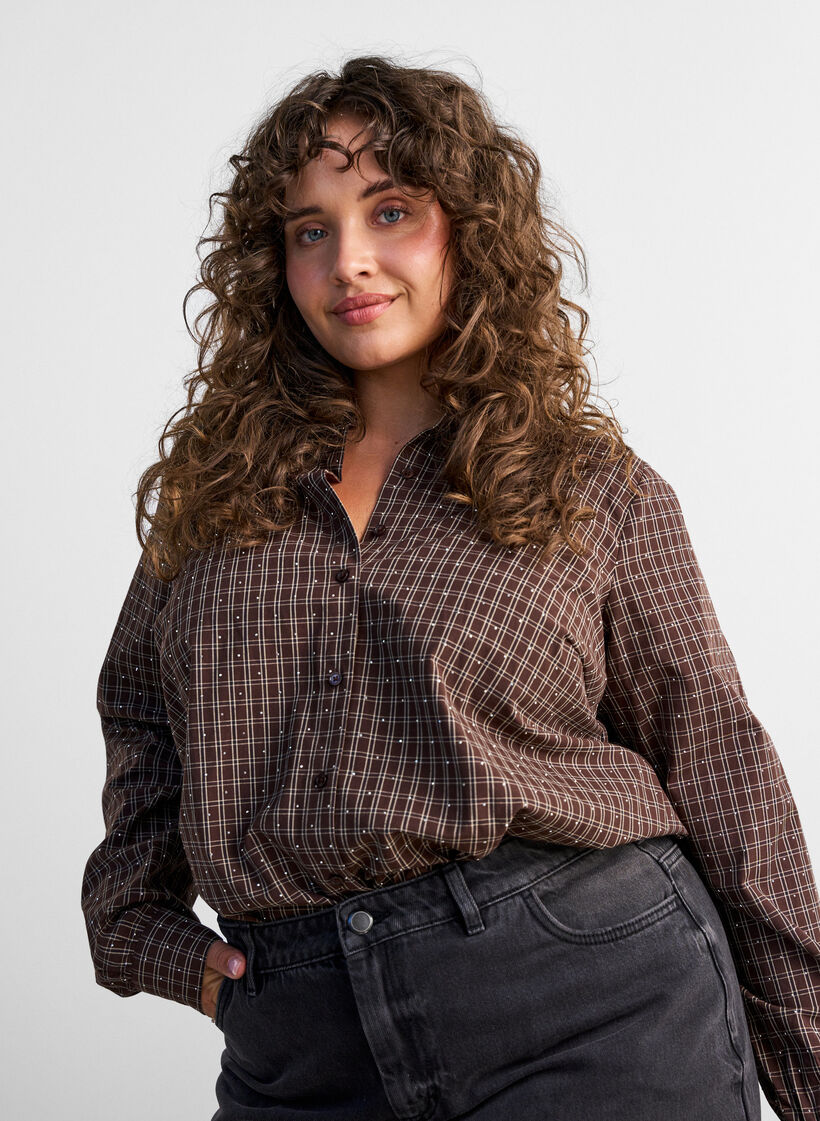 Checked shirt with rhinestones, Brown, Model image number 3