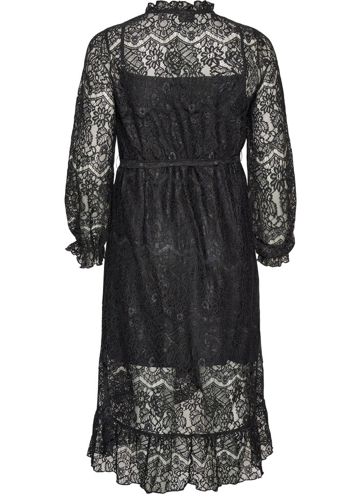 Lace dress with wrap skirt and ruffles, Black, Packshot image number 1