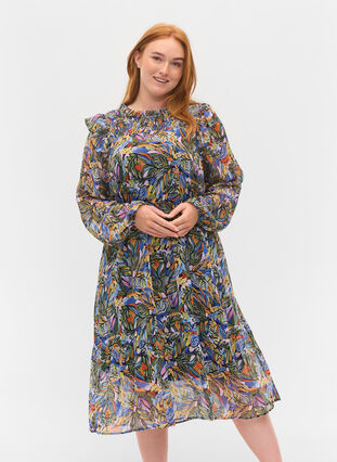 Colourful midi dress with smocking and long sleeves, Vibrant Leaf, Model image number 0