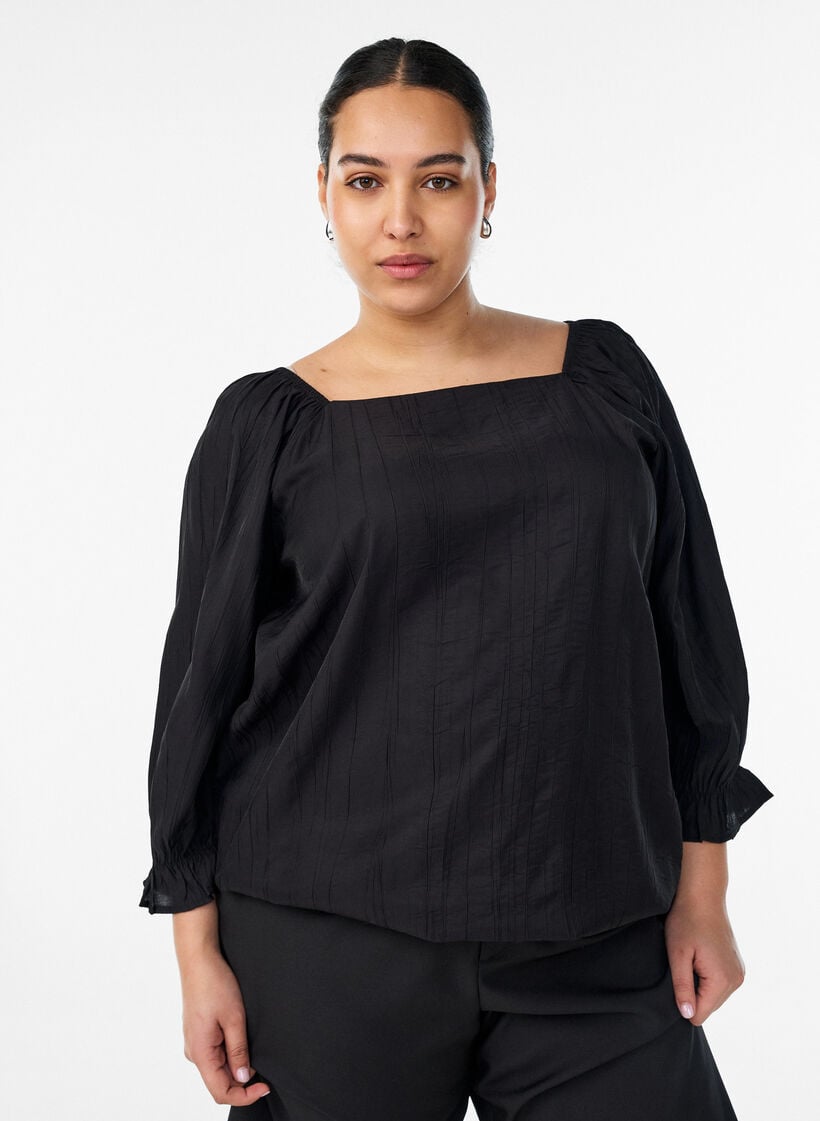 Viscose blouse with a square neck and 3/4-sleeves, Black, Model image number 0