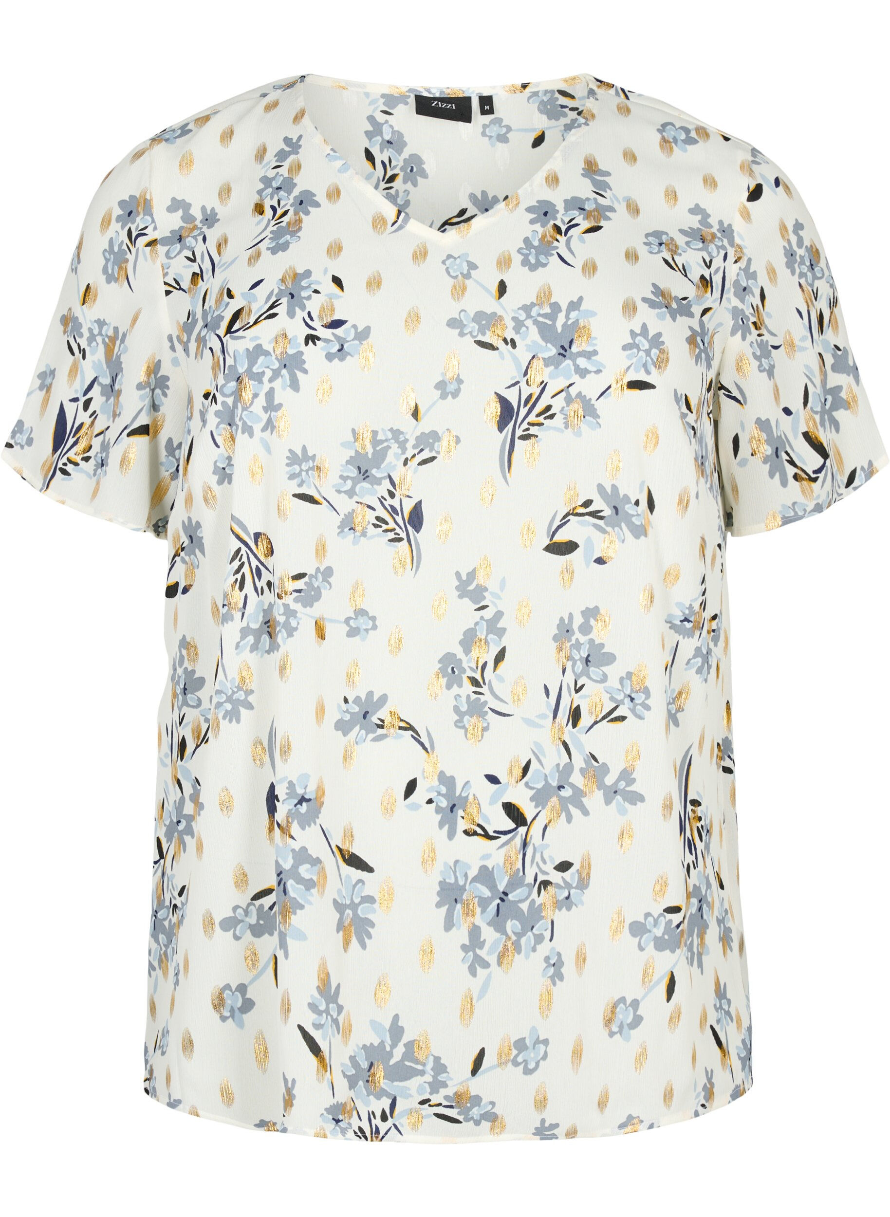 Zizzifashion Blouse with print and lurex, White Flower/Gold, Packshot image number 0