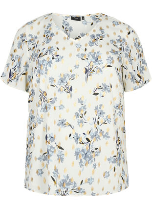Blouse with print and lurex, White Flower/Gold, Packshot image number 0