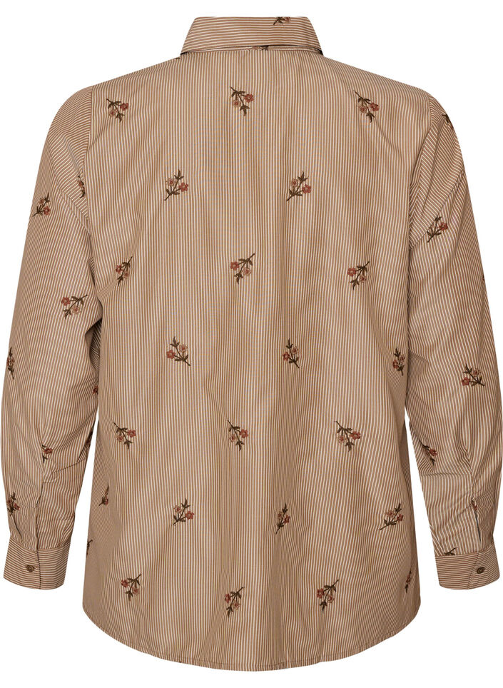 Striped shirt with embroidered flowers, Brown, Packshot image number 1