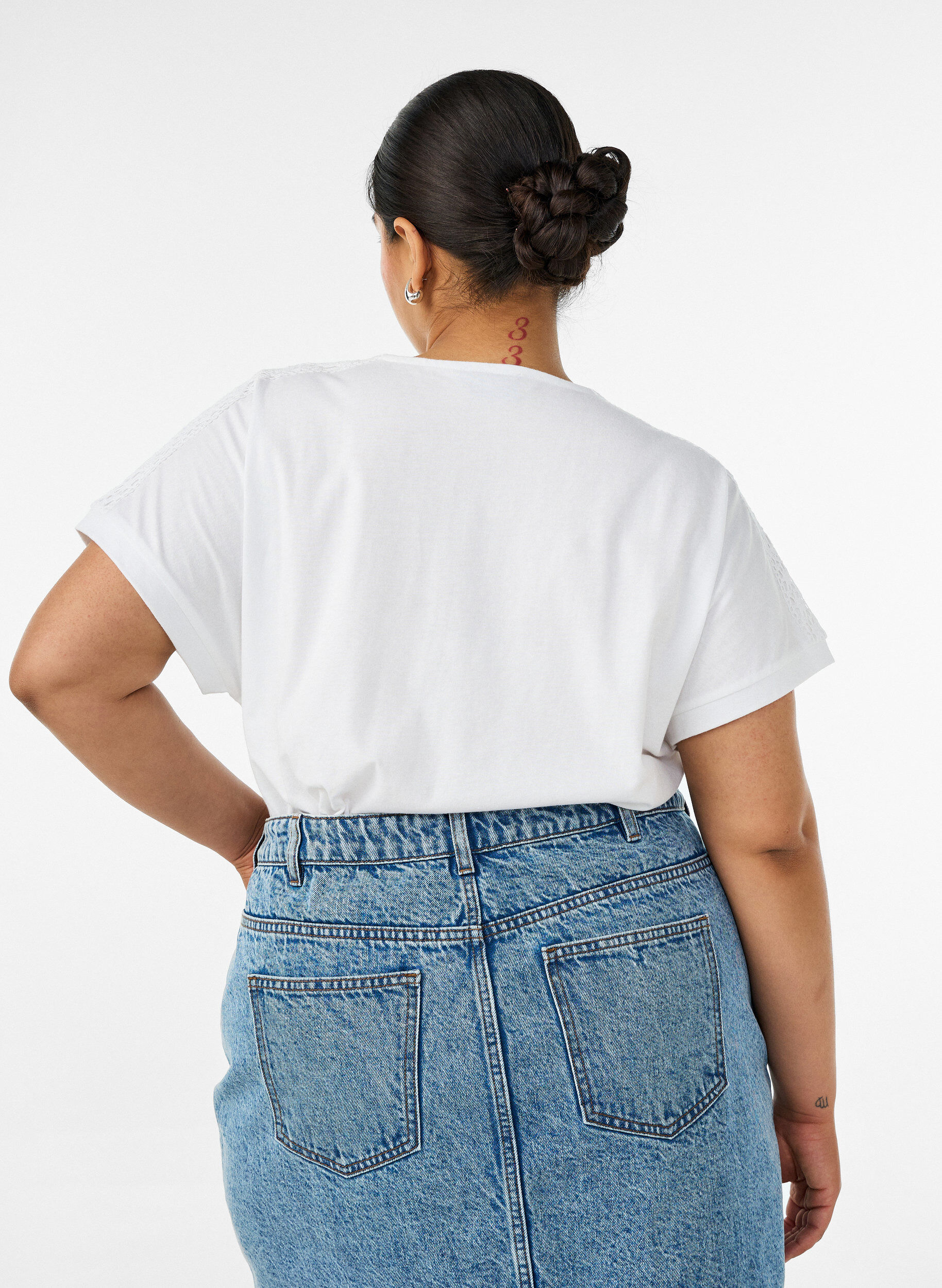 ZizzifashionCotton T-shirt with crochet detail, White, Model image number 2