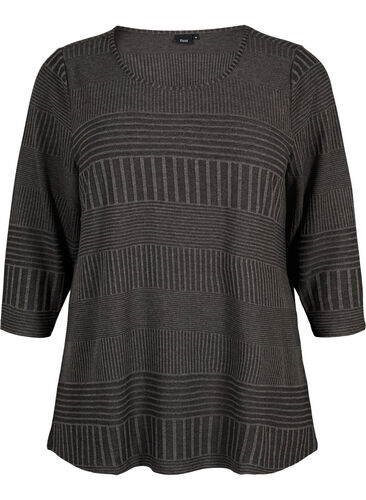 Blouse with 3/4 sleeves and striped pattern, Dark Grey Melange, Packshot image number 0