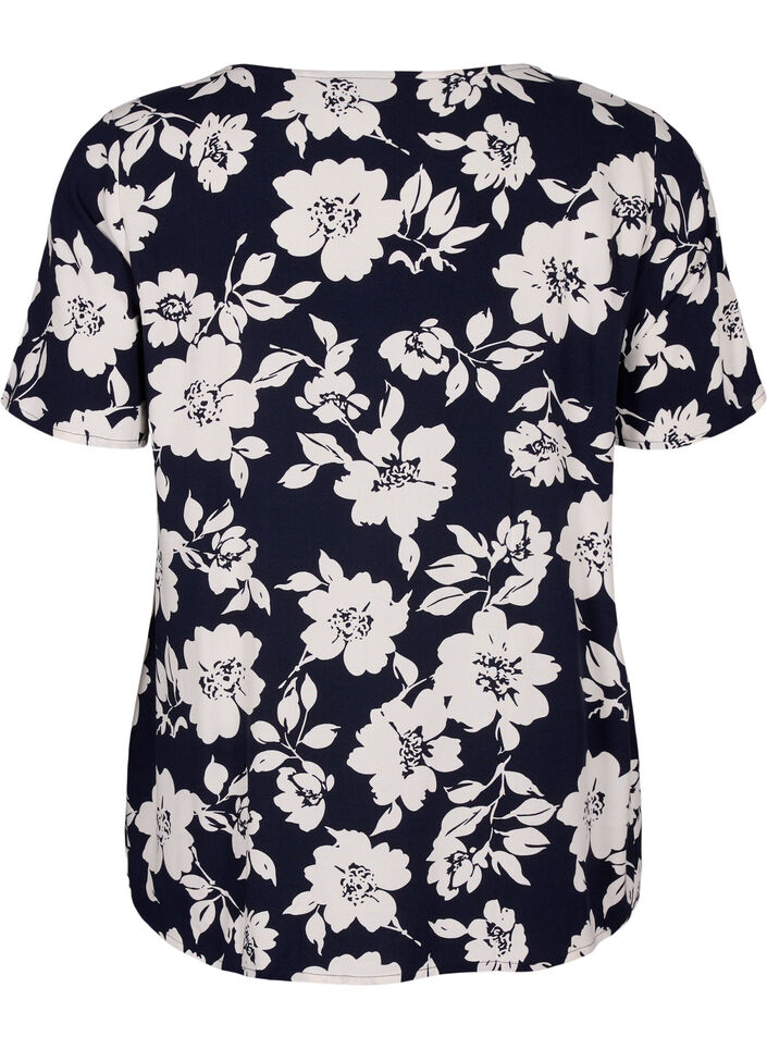 FLASH - Short sleeve viscose blouse with print, Blue, Packshot image number 1