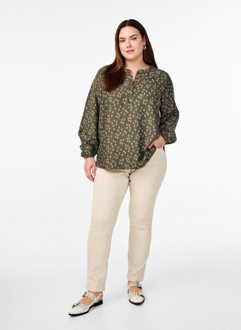 Long-sleeved blouse with pattern and buttons, Green, Model image number 1