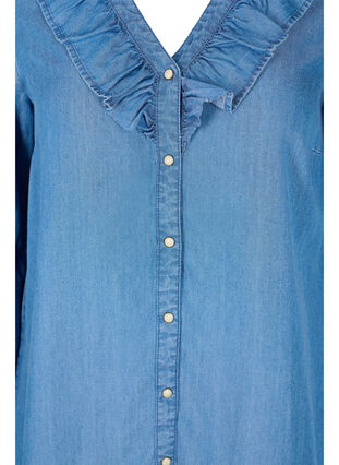 Denim dress with v-neckline and ruffles, Blue denim, Packshot image number 2