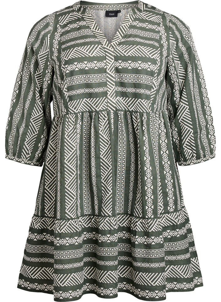 Short dress with graphic print and 3/4 sleeves, Green, Packshot image number 0