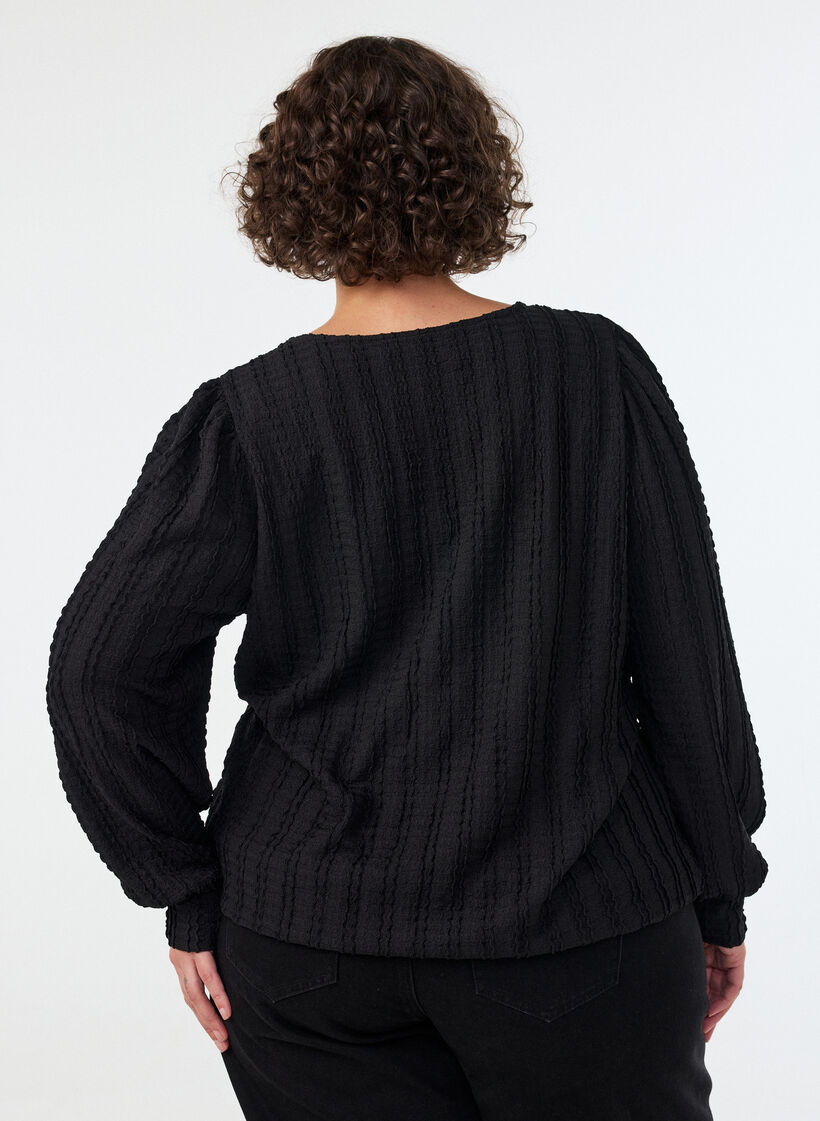 Textured jersey blouse with a balloon silhouette, Black, Model image number 2