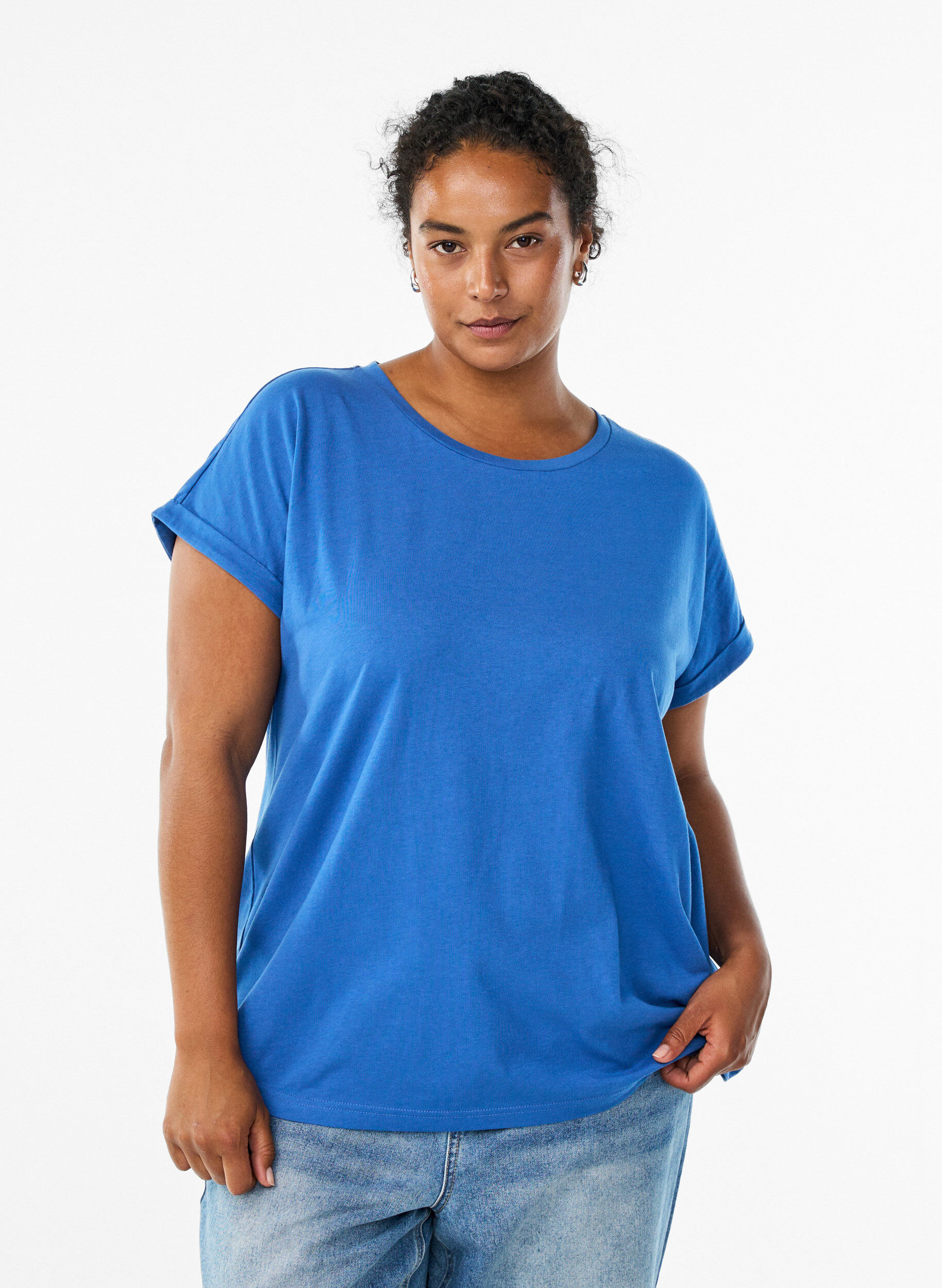 Short sleeve cotton blend T-shirt, Blue, Model