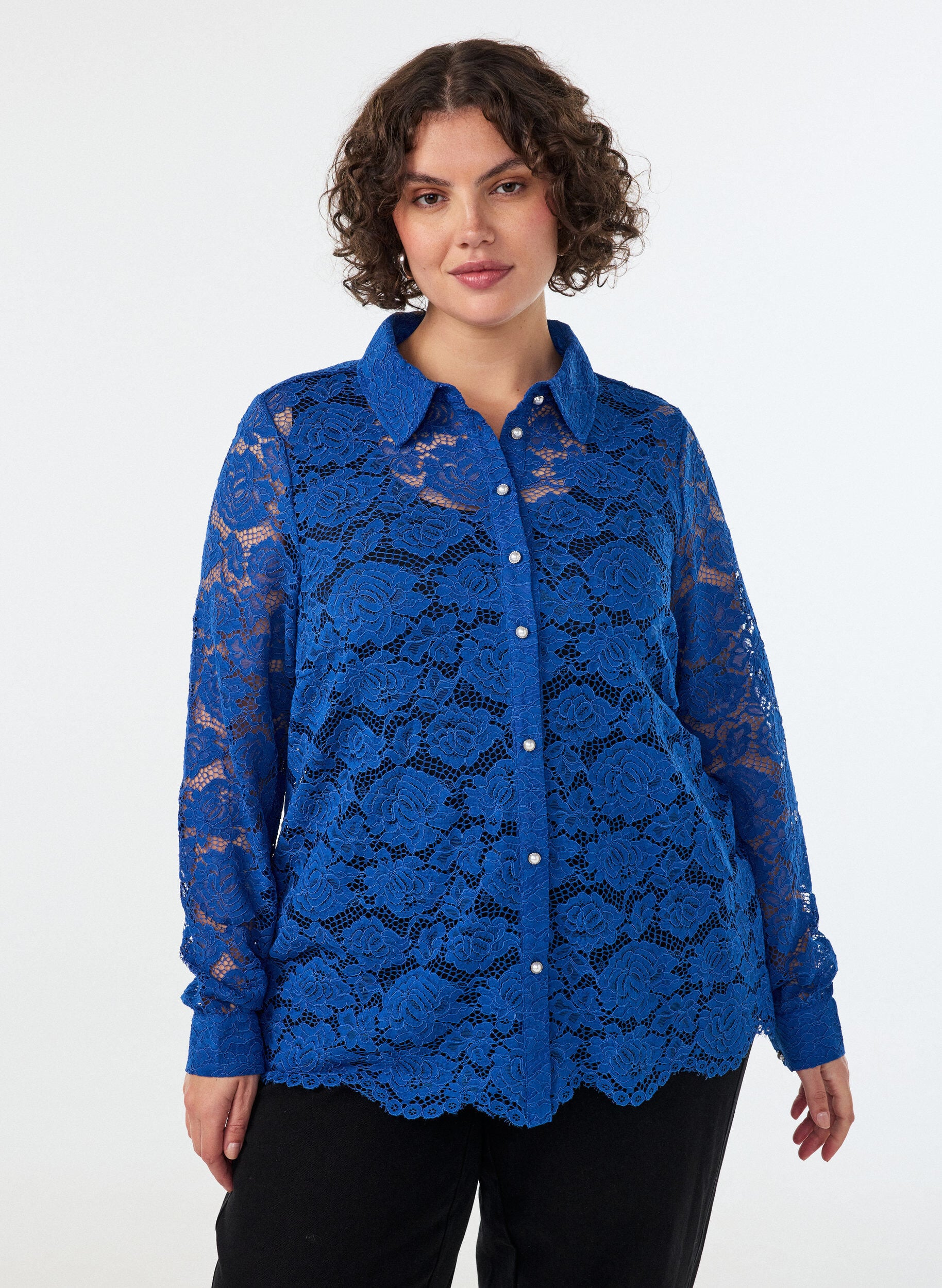 ZizzifashionLace shirt with pearl buttons, Blue, Model image number 0