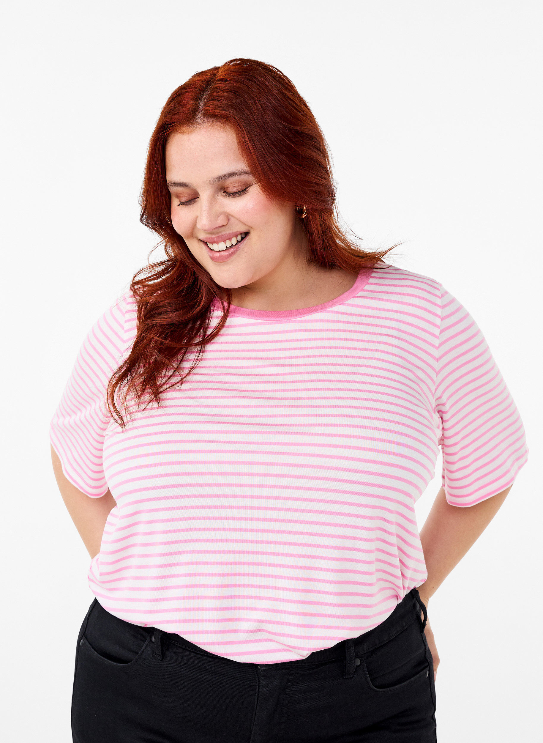 Zizzifashion Striped T-shirt in lyocell with round neck, Red, Model image number 0