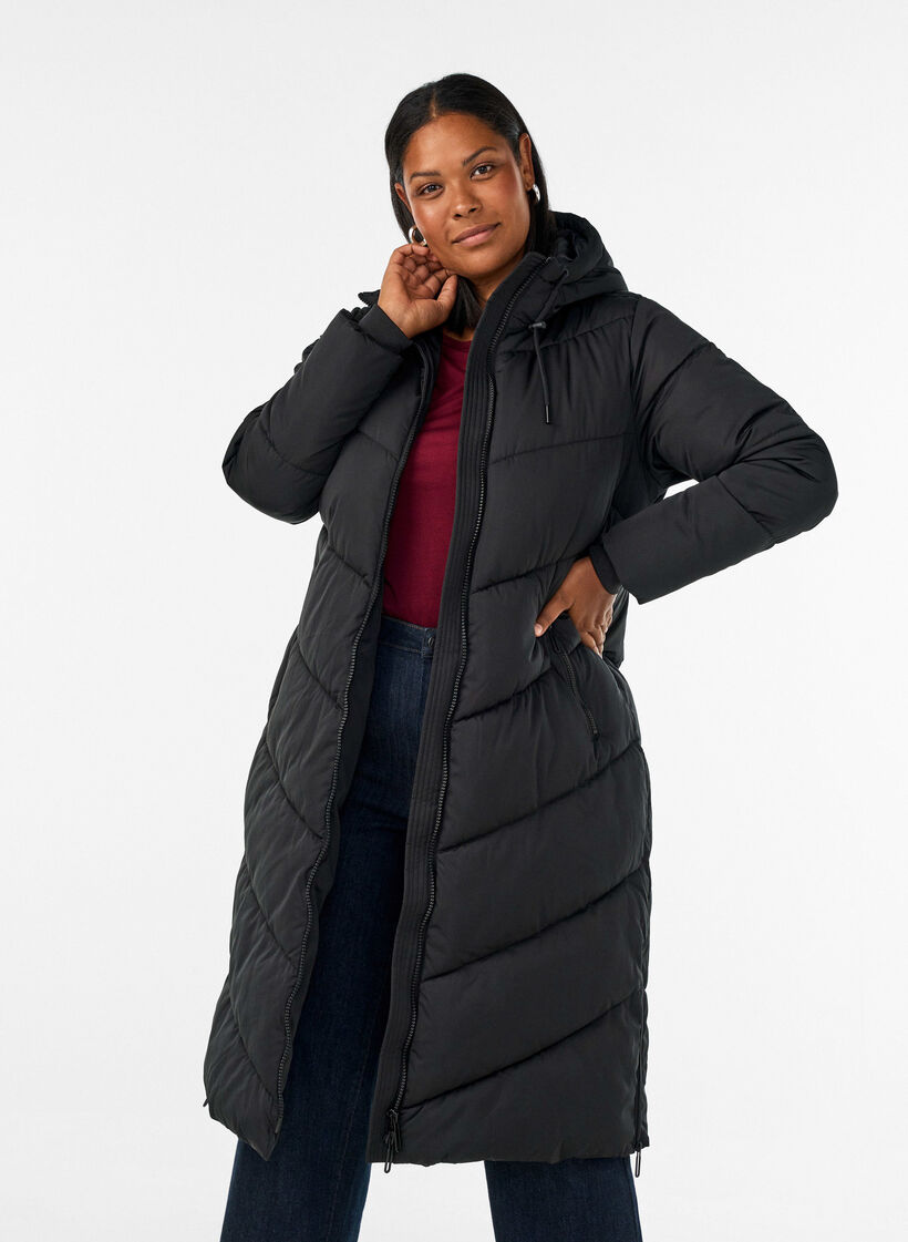 Long puffer coat with hood and pockets, Black, Model image number 0