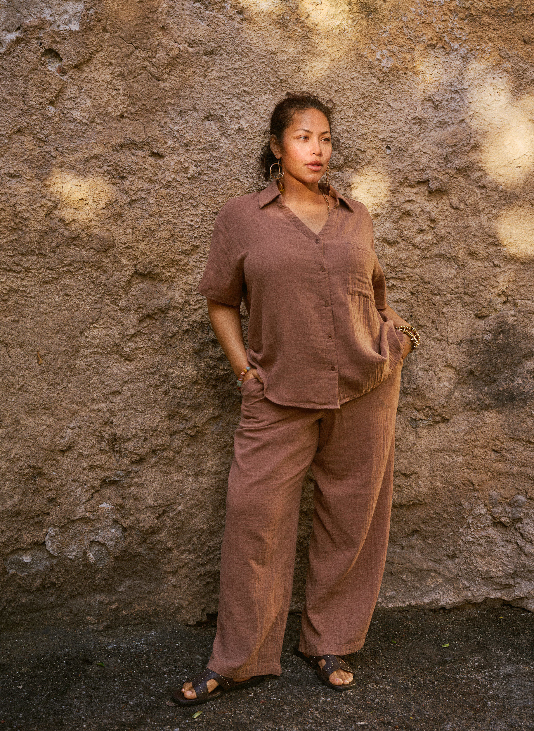ZizzifashionHigh-waisted cotton muslin trousers with loose legs, Brown, Image image number 0